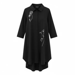 Chic Black High Low Shirt Dress with Floral Embroidery